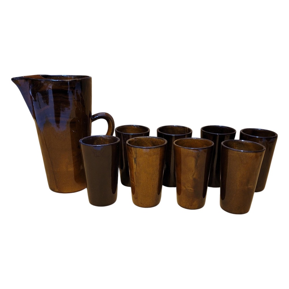 Van Briggle Pottery Pitcher & Tumbler Set Brown Glaze Pottery Drinkware MCM